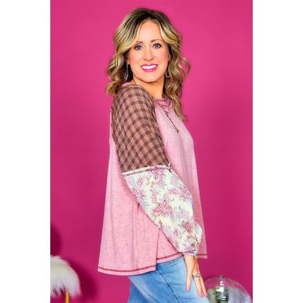 Pink Checkered Paisley Patchwork Raglan Sleeve Seamed Plus Size Top
