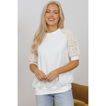 White Lace Crochet Short Sleeve Round Neck T Shirt