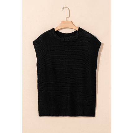 Black Solid Color Sweater Tee with Side Slits