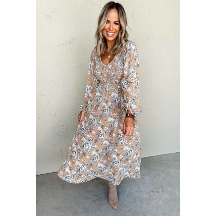 Khaki Maple Grove Floral Smocked Puff Sleeve Long Dress