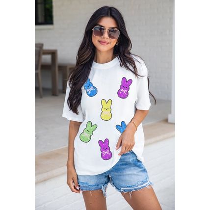 White Sequin Bow Bunny Doll Patched Easter Graphic Tee