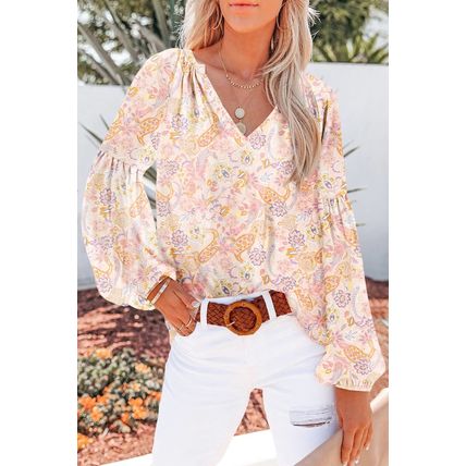 Golden Apricot Floral Print V Neck Long Puff Sleeve Top