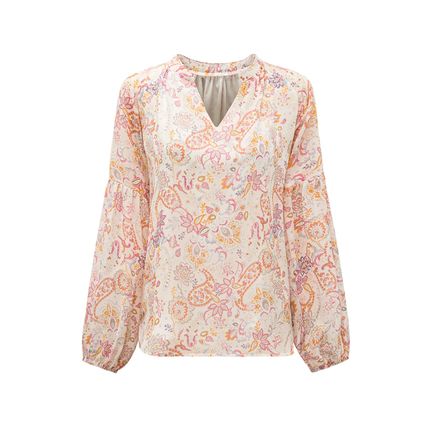 Golden Apricot Floral Print V Neck Long Puff Sleeve Top