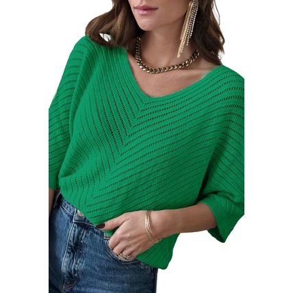 Green Half Sleeve V Neck Pointelle Knitted Sweater Top
