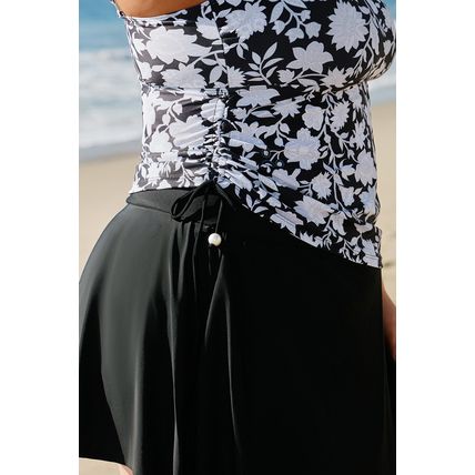 Black Plus Size Printed Square Neck Drawstring Ruffled Tankini Set
