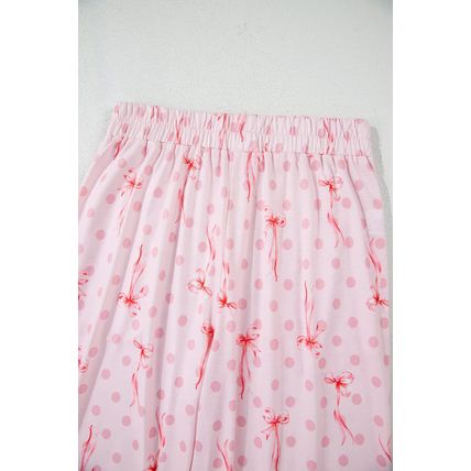 Pink Bow Knot Polka Dot Print Short Sleeve Top Lounge Set