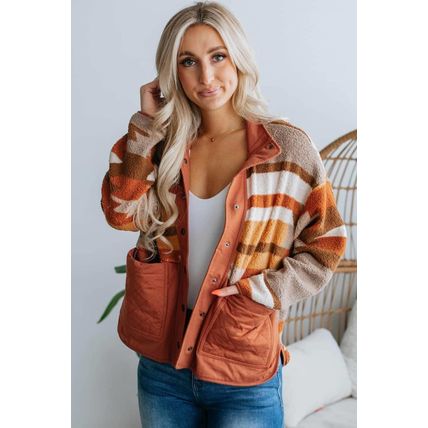 Brown Quilted Patch Pockets Aztec Furry Jacket