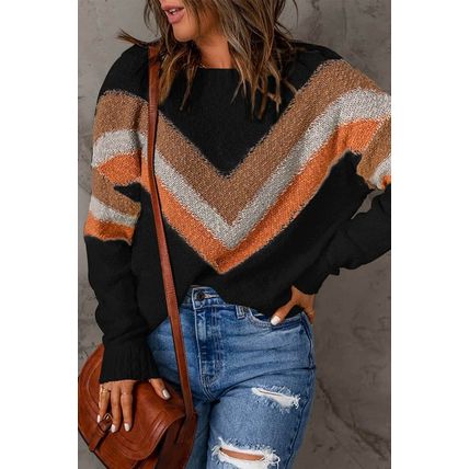 Multicolor Black Chevron Striped Drop Shoulder Sweater