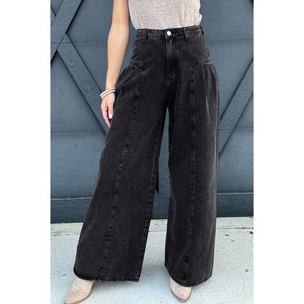 Dark Grey Pleated Wide Leg Mineral Wash Denim Pants