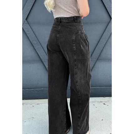 Dark Grey Pleated Wide Leg Mineral Wash Denim Pants