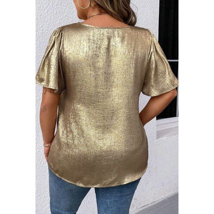 Gold Plus Size Metallic V Neck Short Sleeve Blouse