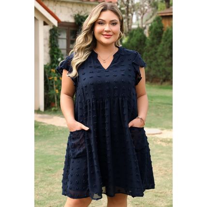 Navy Blue Dotty Textured Notched Neck Plus Ruffled Dress