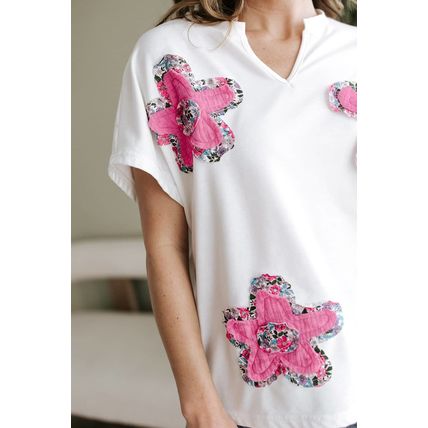White Floral Applique Notched V Neck Dolman Sleeve Top