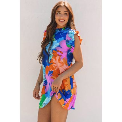 Blue Bold Floral Flutter Sleeve Shift Mini Dress with Pockets