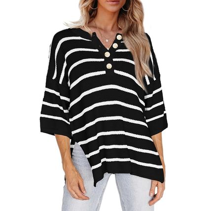 Black Stripe Henley Buttoned Placket Drop Shoulder Bracelet Sleeve Knit Sweater