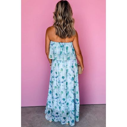 Green Floral Print Ruffled Side Slit Tube Top Maxi Dress
