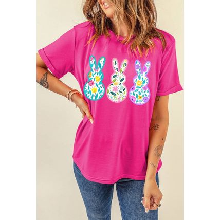 Rose Red Floral Easter Bunny Graphic Crew Neck Easter Tee