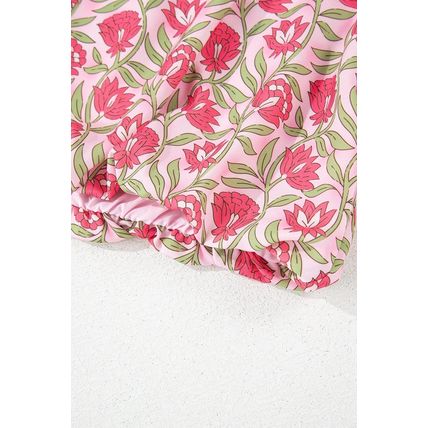 Pink Floral Print Puffy Cropped Tank and Mini Skirt Set