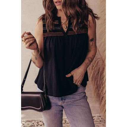 Black Colorful Shirred Yoke Notched V Neck Tank Top