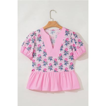 Rose Floral Striped Print Contrast Patchwork Ruffle Hem Blouse