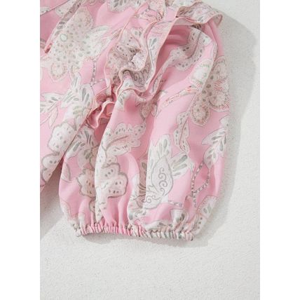 Pink Floral Print Drawstring V Neck Puff Sleeve Loose Blouse