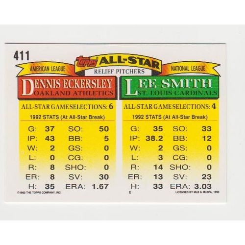 1993 Topps Dennis Eckersley- Lee Smith All Star card #411- Factory Set Fresh!