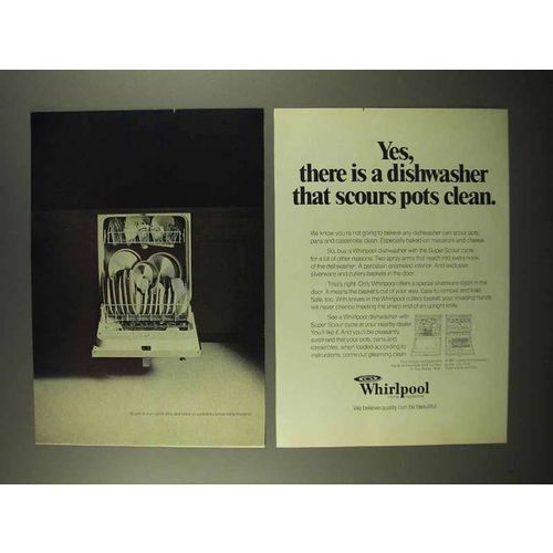 1975 Whirlpool Dishwasher Ad - Scours Pots Clean