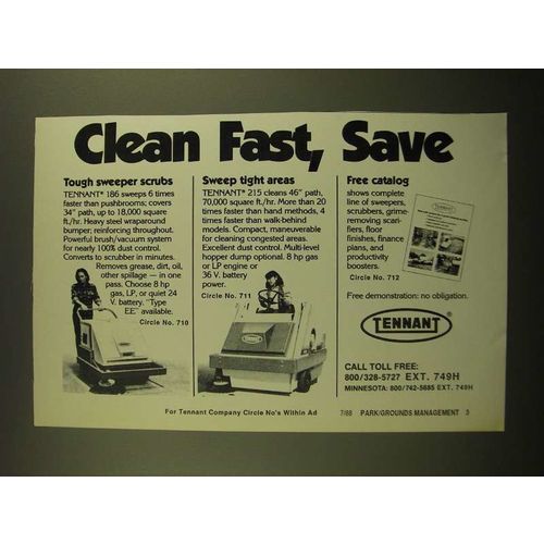 1988 Tennant 186 and 215 Sweepers Ad - Clean Fast, Save