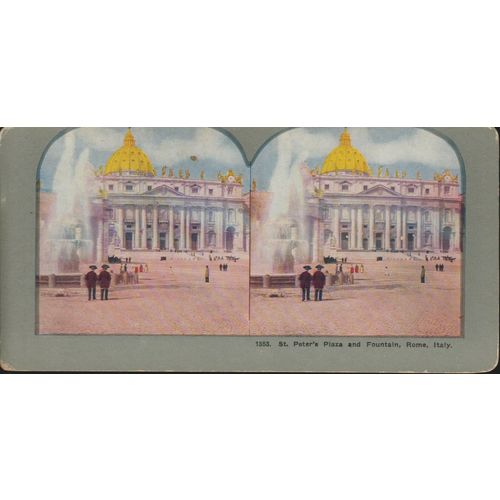 St Peter's Plaza and Fountain, Rome, Italy - Coloured Vintage 3D Stereoview Card