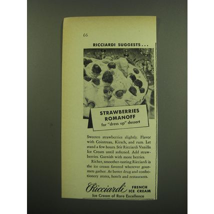 1949 Ricciardi French Ice Cream Ad - Ricciardi suggests.. Strawberries Romanoff