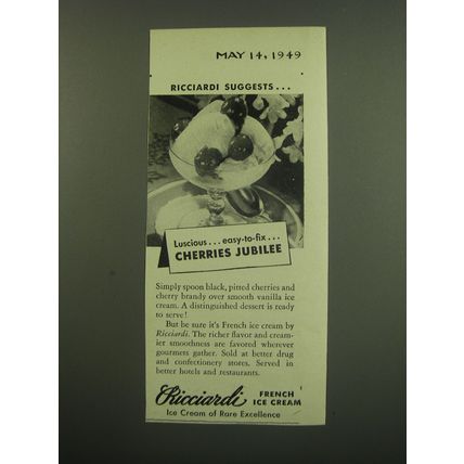 1949 Ricciardi French Ice Cream Ad - Ricciardi Suggests Cherries Jubilee