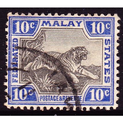 FEDERATED MALAY STATES 1924 10c Leaping Tiger Black & Blue SG66 - USED