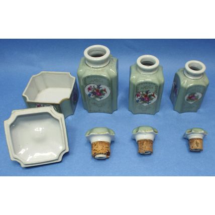 Vintage Green Porcelain Vanity Dresser 4 Pc Set Hand Painted Flowers Man Woman