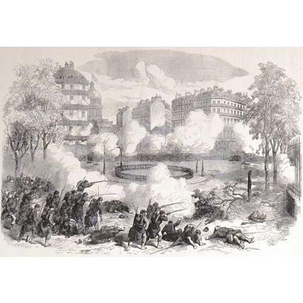 ATTACK ON THE BARRICADES AT THE PANTHEON, PARIS 1871 VICTORIAN ENGRAVING