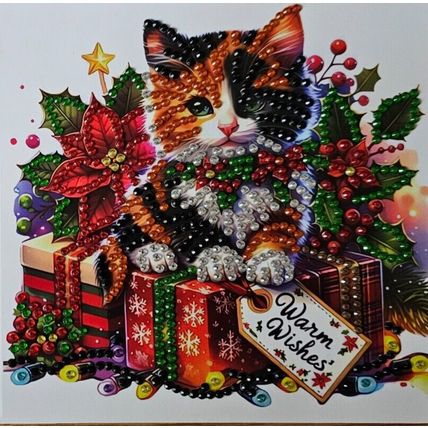 Handmade Diamond Art Christmas Card with Christmas Kitten Size 6" x 6"