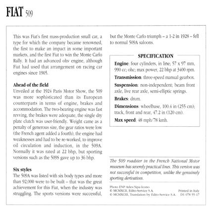 Collectors Club card. Classic Cars. FIAT 509