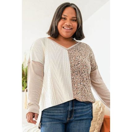 Gray Plus Size Leopard Patchwork Mix Knit Long Sleeve Top