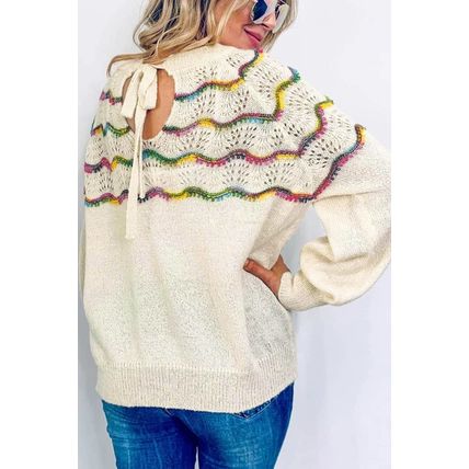 White Wavy Striped Pointelle Bishop Sleeve Sweater