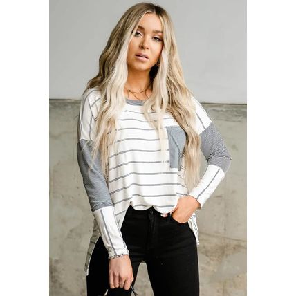 Stripe Patchwork High Low Side Slits Long Sleeve Top
