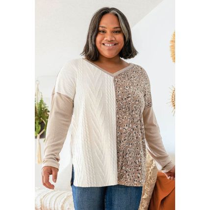 Gray Plus Size Leopard Patchwork Mix Knit Long Sleeve Top