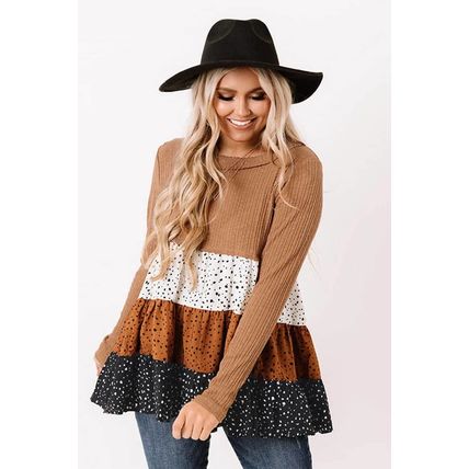 Brown Ribbed Long Sleeve Dotted Tiered Ruffled Flowy Top