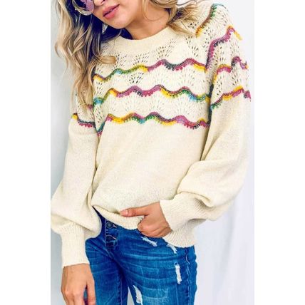 White Wavy Striped Pointelle Bishop Sleeve Sweater