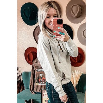 Beige Drawstring Kangaroo Pocket Henley Hoodie