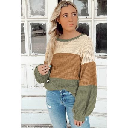 Green Stripe Textured Color Block Bubble Sleeve Baggy Top