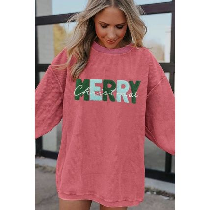 Strawberry Pink MERRY Christmas Corded Pullover Sweatshirt