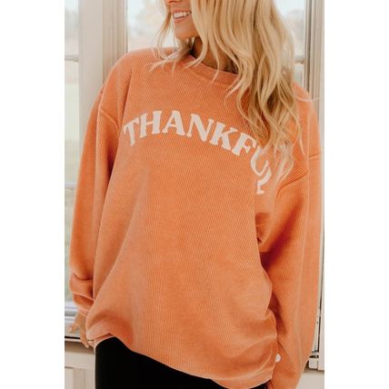 Orange THANKFUL Letter Graphic Corded Sweatshirt