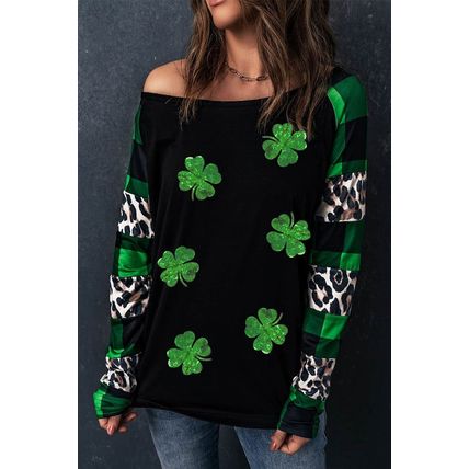 Green Sequin Clover Patch Graphic Plaid&Leopard Sleeve Top