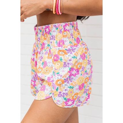 Pink Boho Floral Shirred High Waist Casual Shorts