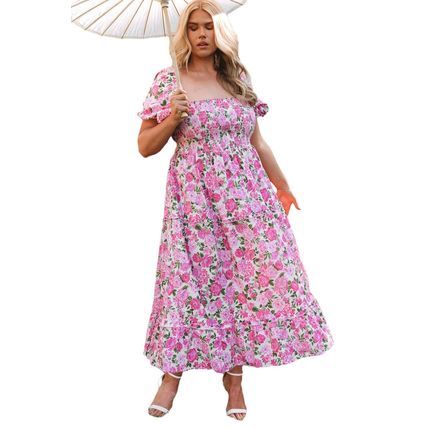 Pink Plus Size Floral Print Smocked Puff Sleeve Dress