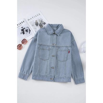 Sky Blue Stripe Washed Oversize Pocketed Denim Jacket